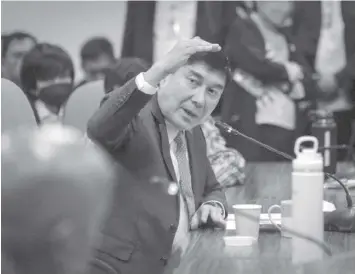  ?? PHILSTAR.COM ?? Sen. Raffy Tulfo speaks during a Senate hearing on February 14, 2023. Labor Groups are pushing for Tulfo to lead clamor for legislated wage hike.