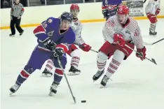  ?? JOE CSEH/SPECIAL TO POSTMEDIA NETWORK ?? Welland Junior Canadians forward Chad Maurice, left, is defended by Patrick McDonald of the St. Catharines Falcons in Greater Ontario Junior Hockey League action Sunday night at Welland Arena.