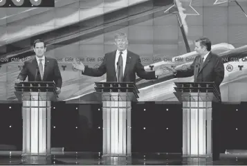  ?? DAVID J. PHILLIP, AP ?? Marco Rubio, left, Donald Trump and Ted Cruz take part in the 10th Republican primary debate Feb. 25 in Houston. Trump frequently used insulting nicknames for his Republican rivals.
