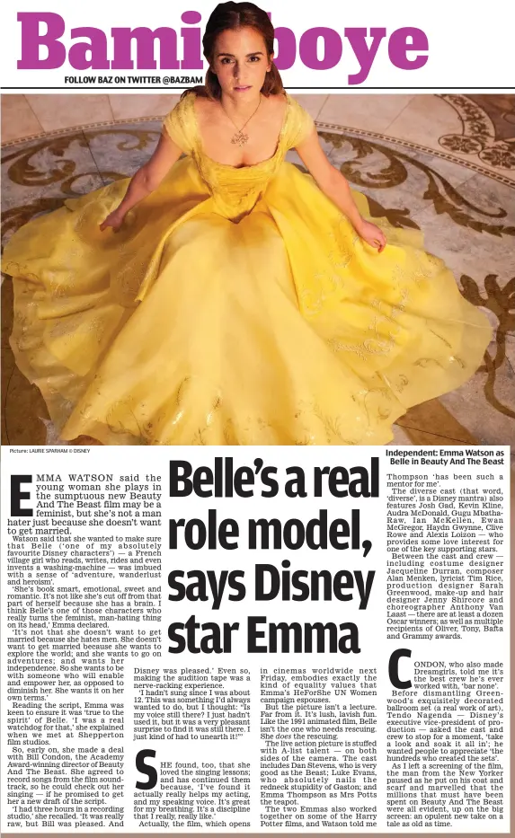  ?? Picture: LAURIE SPARHAM © DISNEY ?? Independen­t: Emma Watson as Belle in Beauty And The Beast