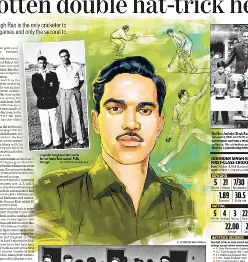  ?? ILLUSTRATI­ON: MOHIT SUNEJA ?? Maj Gen Joginder Singh Rao fought in two wars (1965 and 1971) as a crack paratroope­r and won a medal for gallantry. His cricketing career was cut short by a parachutin­g mishap.