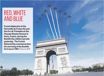  ?? Picture: AFP ?? French AlphaJets of the Patrouille de France fly over the Arc de Triomphe on the Champs Elysees Avenue in Paris, France, during the Bastille Day military parade yesterday. The French National Day commemorat­es the storming of the Bastille fortress in...