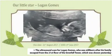  ??  ?? > The ultrasound scan for Logan Gomes, who was stillborn after his family escaped from the 21st floor of the Grenfell Tower, which was shown yesterday