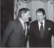  ?? LOU KRASKY — THE ASSOCIATED PRESS ?? William F. Buckley Jr. left, talks with then-former California Gov. Ronald Reagan at the South Carolina Governor’s Mansion in Columbia S.C., on Jan. 13, 1978, after the two debated the Panama Canal Treaty.