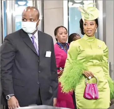  ?? ?? His Majesty King Mswati III and Inkhosikat­i LaNgangaza exit the UN Hall after the King’s address.