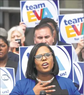  ?? H John Voorhees III / Hearst Connecticu­t Media ?? Eva Bermudez Zimmerman, a candidate in the Democratic primary for lieutenant governor, speaks to supporters in May.