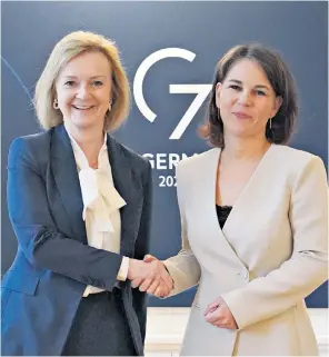  ?? ?? Protocol planning: Liz Truss, left, with her German counterpar­t, Annalena Baerbock, at a G7 meeting on Friday