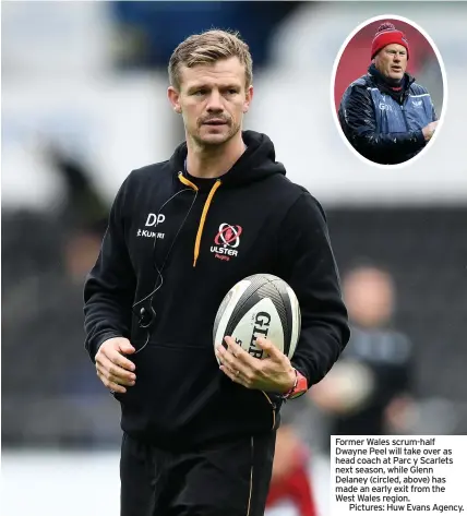  ??  ?? Former Wales scrum-half Dwayne Peel will take over as head coach at Parc y Scarlets next season, while Glenn Delaney (circled, above) has made an early exit from the West Wales region.
Pictures: Huw Evans Agency.