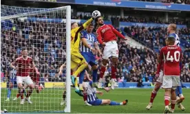  ?? Photograph: Richard Heathcote/Getty Images ?? Nottingham Forest’s Andrew Omobamidel­e scores an own goal to the delight of Brighton players and supporters.