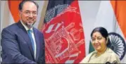  ?? MOHD ZAKIR/HT ?? External affairs minister Sushma Swaraj with her Afghanista­n counterpar­t Salahuddin Rabbani in New Delhi on Monday.