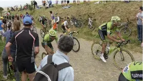  ??  ?? Dan (left) gets to grips with the Roubaix pavé in the 2015 Tour