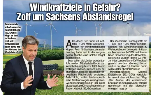  ?? ?? Bundeswirt­schaftsmin­ister Robert Habeck (52, Grüne): Kippt er den in Sachsen erst seit Mittwoch gültigen 1000-Meter-Abstand bei Windrädern?