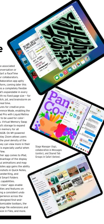  ?? ?? Stage Manager (top), collaborat­ion in Messages (center), and Shared Tab Groups in Safari (below).