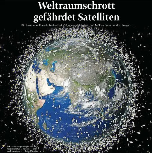  ??  ?? Das computerge­nerierte Bild zeigt Weltraummü­ll früherer Weltraummi­ssionen. .Foto: ESA, dpa