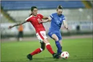  ?? THE ASSOCIATED PRESS ?? Switzerlan­d’s Francesca Calo, left, challenges Finlands’ Franssi Sanni for the ball during the Cyprus Women Cup soccer match between Switzerlan­d and Finland at GSZ stadium in Larnaca, Cyprus, on Friday.