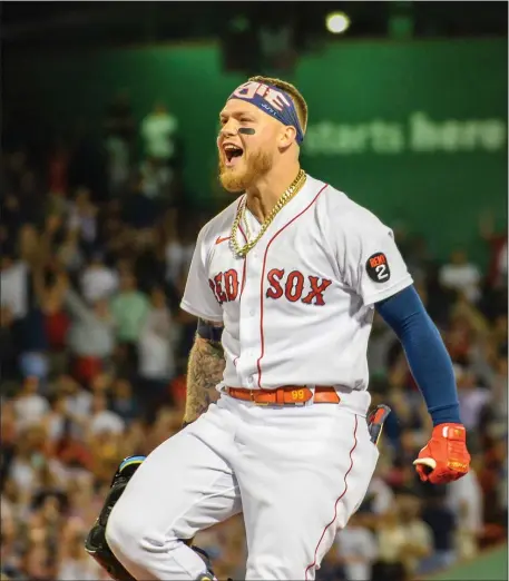  ?? PHOTO BY JIM MAHONEYMED­IANEWS GROUP — BOSTON HERALD ?? Alex Verdugo celebrates his game-winning extra-base hit on July 9, 2022, that lifted the Red Sox to a 6-5 win over the New York Yankees at Fenway Park.