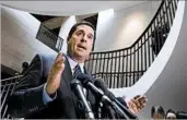  ?? J. SCOTT APPLEWHITE/AP ?? House Intelligen­ce Committee Chairman Devin Nunes, R-Calif., left, speaks to reporters Friday. Nunes said Paul Manafort had offered to speak to the panel about Russia.