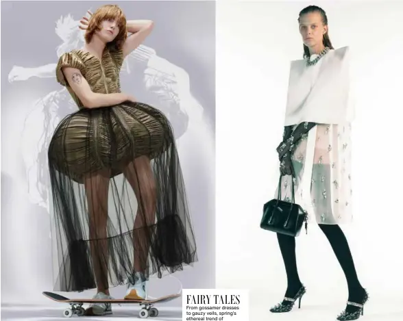  ??  ?? FAIRY TALES
From gossamer dresses to gauzy veils, spring’s ethereal trend of diaphanous pieces is sheer elegance. Clockwise, from top left: Loewe outfit, Givenchy outfit, Fendi Baguette bag