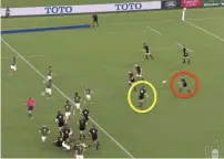  ??  ?? 3– Even on the occasions in which Barrett finds himself pulling the strings, Mo’unga is regularly available as the second playmaker off him. Here we see that in action as Barrett (yellow) finds Mo’unga (red) with Reece again providing the outlet on the right. With so many options on and off the ball, it is a nightmare to defend against.