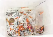  ?? JIM THOMPSON ALBUQUERQU­E JOURNAL VIA AP ?? Hypodermic needles, needle caps, cotton swabs and other drug parapherna­lia removed May 8 from Atrisco Park, home of the Atrisco Valley Little League, in Albuquerqu­e. The Little League park is fighting a battle against discarded syringes with attached hypodermic needles amid the region’s ongoing opioid epidemic.