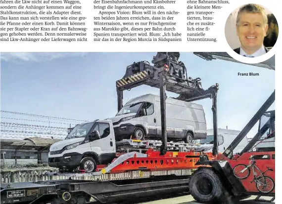  ?? BILDER: SN/VEGA, GERALD STOIBER ?? Mit den R2L-Adaptern können Fahrzeuge oder Lkw-Anhänger per Stapler oder Kran auf Bahnwaggon­s gehoben werden.
Franz Blum