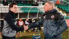  ?? SPORTSFILE ?? Shamrock Rovers boss Stephen Bradley (L) and Bohemians manager Keith Long won’t have to wait long before renewing their rivalry