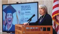  ?? EDDIE MOORE/ JOURNAL ?? Gov. Michelle Lujan Grisham speaks during a rally for higher education in the Rotunda of the Roundhouse on Wednesday.