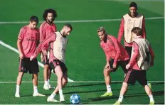  ?? AFP ?? Real Madrid’s Marcelo, Karim Benzema, Mariano, Raphael Varane and Luka Modric during training session last week.