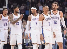  ?? MARK D. SMITH/USA TODAY SPORTS ?? The Thunder, from left, Andre Roberson, Paul George, Carmelo Anthony, Russell Westbrook and Steven Adams, were 12-14.