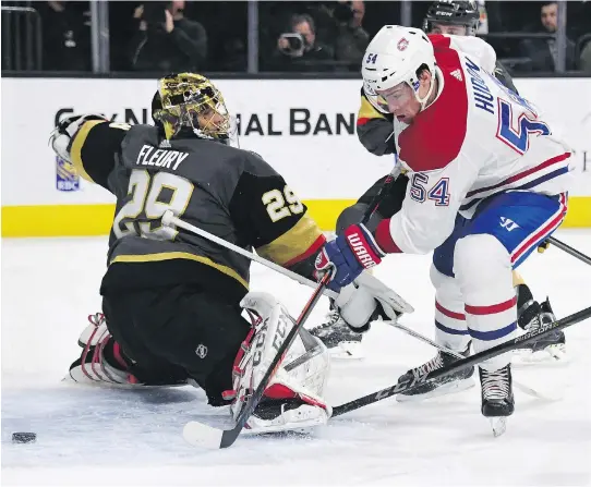  ?? ETHAN MILLER/GETTY IMAGES ?? Charles Hudon scores on Marc-Andre Fleury during the Habs’ 6-3 loss to the Las Vegas Golden Knights at T-Mobile Arena on Saturday in Nevada.