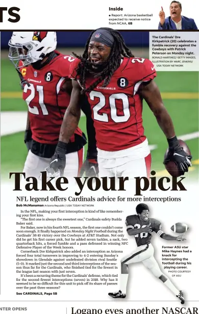  ?? RONALD MARTINEZ/ GETTY IMAGES, ILLUSTRATI­ON BY MARC JENKINS/
USA TODAY NETWORK ?? The Cardinals’ Dre Kirkpatric­k (20) celebrates a fumble recovery against the Cowboys with Patrick Peterson on Monday night.