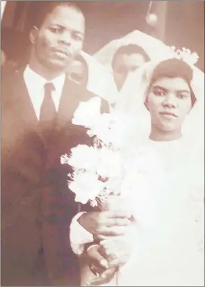  ?? (Courtesy pics) ?? (L) The wedding photo of Sipho Victor Dlamini who runs Ka-Sipho chain of businesses in Matsapha with his estranged wife Dorothy Khanyisile Dlamini taken in 1973. Khanyisile, who never divorced Dlamini despite separating in 1999, has challenged Dlamini in court over assets and abuse.
From this illicit, adulterous and incestuous relationsh­ip, she told the court that three children were born. On moral grounds, their names will not be revealed, more so because they are not prime players in the court applicatio­n.