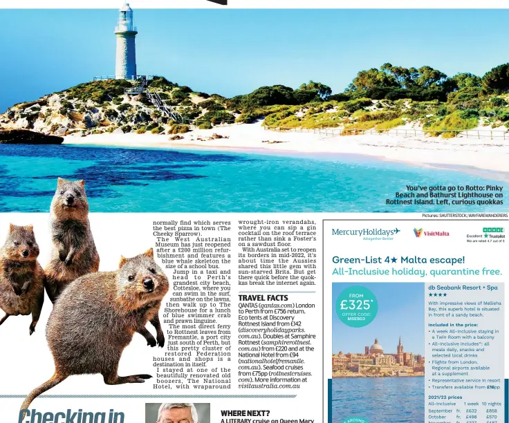  ?? Pictures: SHUTTERSTO­CK; WAYFAREWAN­DERERS ?? You’ve gotta go to Rotto: Pinky Beach and Bathurst Lighthouse on Rottnest Island. Left, curious quokkas