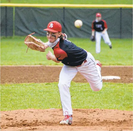  ?? KEVIN RICHARDSON/BALTIMORE SUN ?? Spalding pitcher Eddie Sargent throws in the second inning a the visiting Archbishop Spalding Cavaliers played the Mount Saint Joseph Gaels on Saturday.