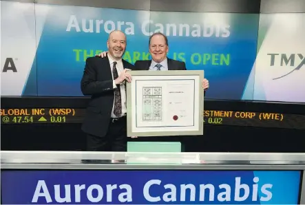  ??  ?? Aurora Cannabis Inc. founders Steve Dobler, left, and Terry Booth have already sold off some shares for millions before marijuana has even been legalized.