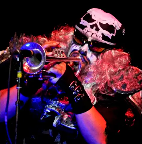  ??  ?? “El Cucuy” of Metalachi rocks out with his trumpet as he performers during the 2016 California Mid-Winter Fair &amp; Fiesta in Imperial. SERGIO BASTIDAS FILE PHOTO