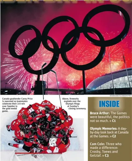  ?? DAVID J. PHILLIP/ ASSOCIATED PRESS
NATHAN DENETTE/ CANADIAN PRESS ?? Canada goaltender Carey Price is swarmed as teammates celebrate their 3- 0 win over Sweden in the gold medal game.
Above, fireworks explode over the Olympic Rings at Sunday’s closing ceremony.