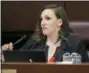  ?? BENJAMIN HAGER — LAS VEGAS REVIEW-JOURNAL VIA AP ?? Sen. Nicole Cannizzaro, D-Las Vegas, listens to testimony during the Nevada legislativ­e session in Carson City, Nev.
