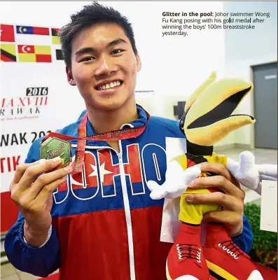  ??  ?? Glitter in the pool: Jo Fu Kang posing with his winning the boys’ 100m yesterday