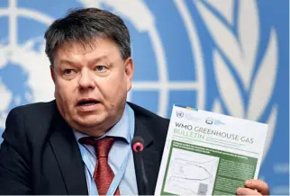  ??  ?? The World Meteorolog­ical Organizati­on (WMO) holds a press conference in Geneva, Switzerlan­d, on November 25, 2019, releasing a greenhouse gas bulletin, which indicates that the concentrat­ion of greenhouse gases in the earth’s atmosphere has set a new record.