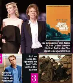  ??  ?? Neu-Schauspiel­er Mick Jagger, 76, und Co-Star Elizabeth Debicki. Rechts: das Filmplakat seines Kunstthril­lers