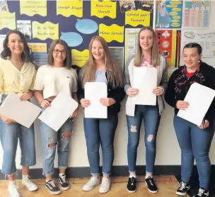  ??  ?? Ysgol Maes y Gwendraeth pupils celebratin­g their GCSE results.