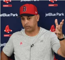  ?? CHRISTOPHE­R EVANS / BOSTON HERALD ?? STRONG SECOND OPINION: Alex Cora speaks yesterday at JetBlue Park in Fort Myers, where he said he has settled right in as he tries to follow up on his championsh­ip debut season with the Red Sox.