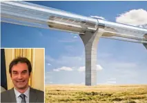  ??  ?? L’Hyperloop atteint 1 200 km/ h grâce à la moindre résistance de l’air dans le tube. En médaillon, Sébastien Gendron.