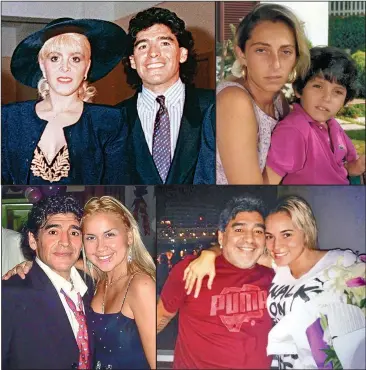  ??  ?? PAREJAS. (Arr.). Diego junto a Claudia, con quien se casó en 1984 y se separó en 2003. Y Cristiana Sinagra, la madre de Diego Maradona Jr. (Abj.). El Diez con Verónica Ojeda, su pareja durante ocho años y madre de Diego Fernández. Y con Rocío Oliva, su última novia. LOS AMORES DEL 10