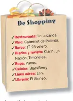  ??  ?? Restaurant­e: La Locanda. Vino: Cabernet de Pulenta. Barco: JT 25 velero. Diarios y revista: Clarín, La Nación, Timoneles. Ropa: Pucas. Celular: BlackBerry Linea aérea: Lan. Librería: El Ateneo.            