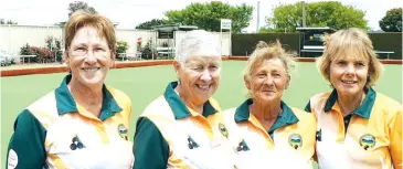 ??  ?? Right: Playing in the women’s pairs final at Neerim District Bowls Club are (from left) winners Karren Sheers and Pat FraserAuri­sch with runners-up Maureen “Cookie” Halligan and Kay Cousins.