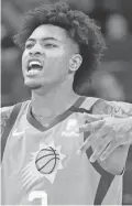  ??  ?? Suns forward Kelly Oubre Jr. yells at teammates during the first half against the Spurs in San Antonio on Friday.