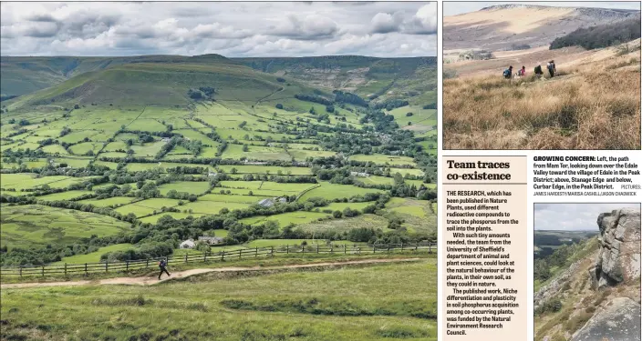  ?? PICTURES: JAMES HARDISTY/MARISA CASHILL/JASON CHADWICK ?? GROWING CONCERN: Left, the path from Mam Tor, looking down over the Edale Valley toward the village of Edale in the Peak District; above, Stanage Edge and below, Curbar Edge, in the Peak District.