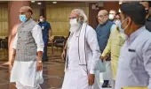  ?? — PTI ?? PM Narendra Modi, defence minister Rajnath Singh and Union home minister Amit Shah arrive to attend the BJP parliament­ary party meeting on Tuesday.